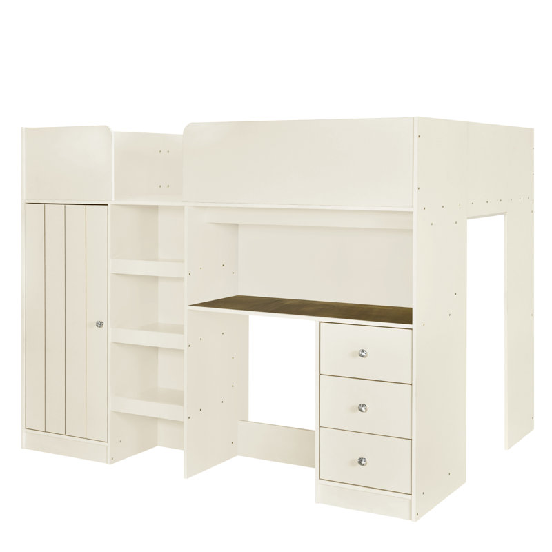 Lit mezzanine en bois massif peu encombrant avec garde-robe, bureau et rangement - idéal pour les chambres modernes