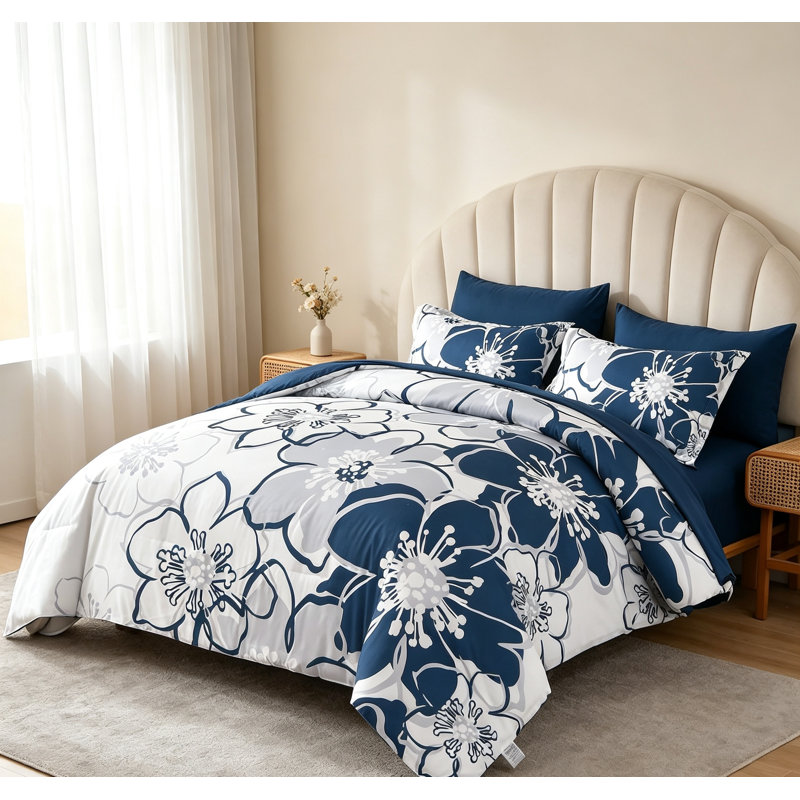 Navy Floral Comforter Set Queen 7 Piece Blue Flower Bed in a Bag