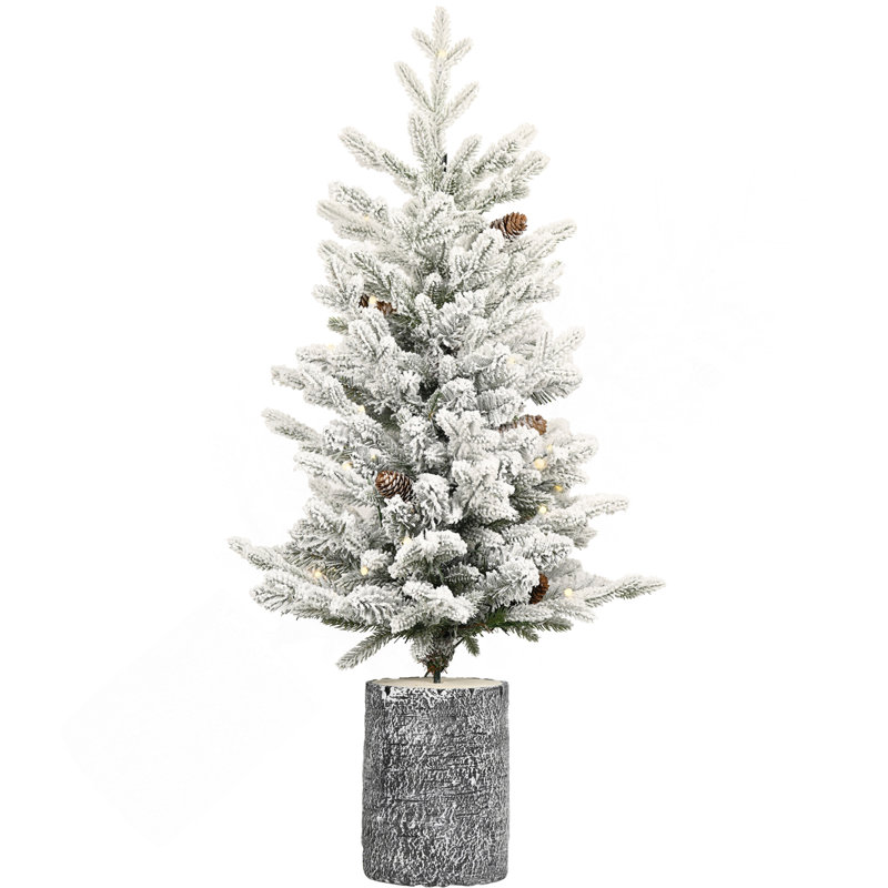 Arbre de Noël 2 pi avec base en pot, 30 lumières DEL blanc chaud, 189 pointes, branches en PE + PVC avec 3 pommes de pin, 2'