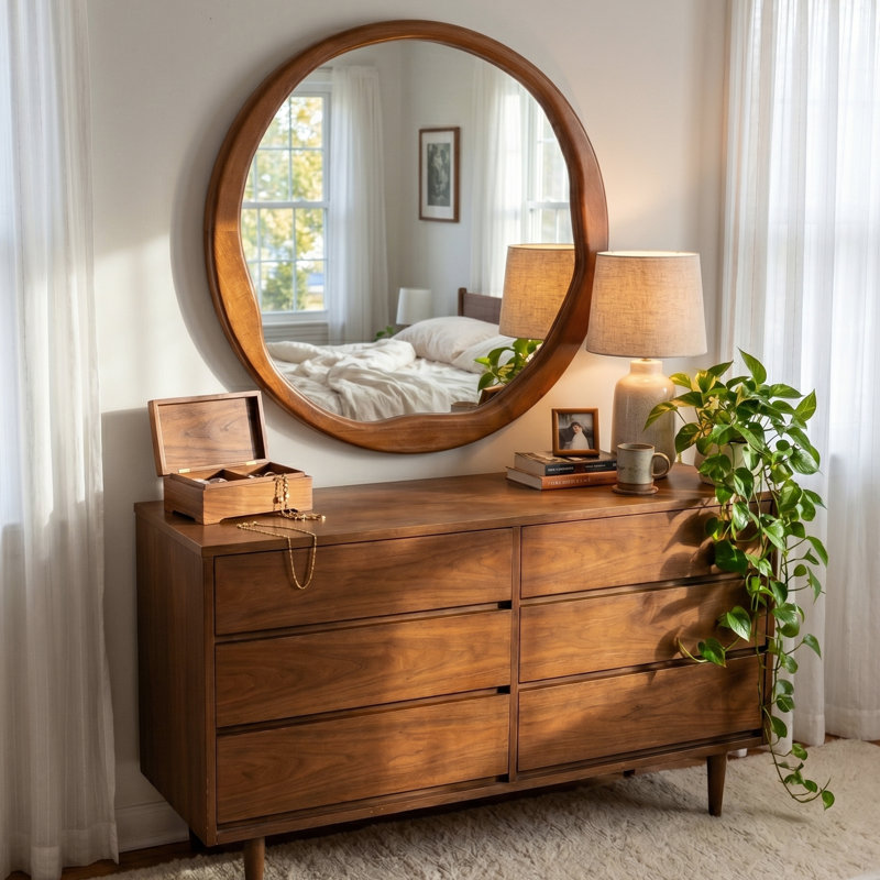 Miroir mural rond en bois massif, 24 po x 24 po, Noyer chaud