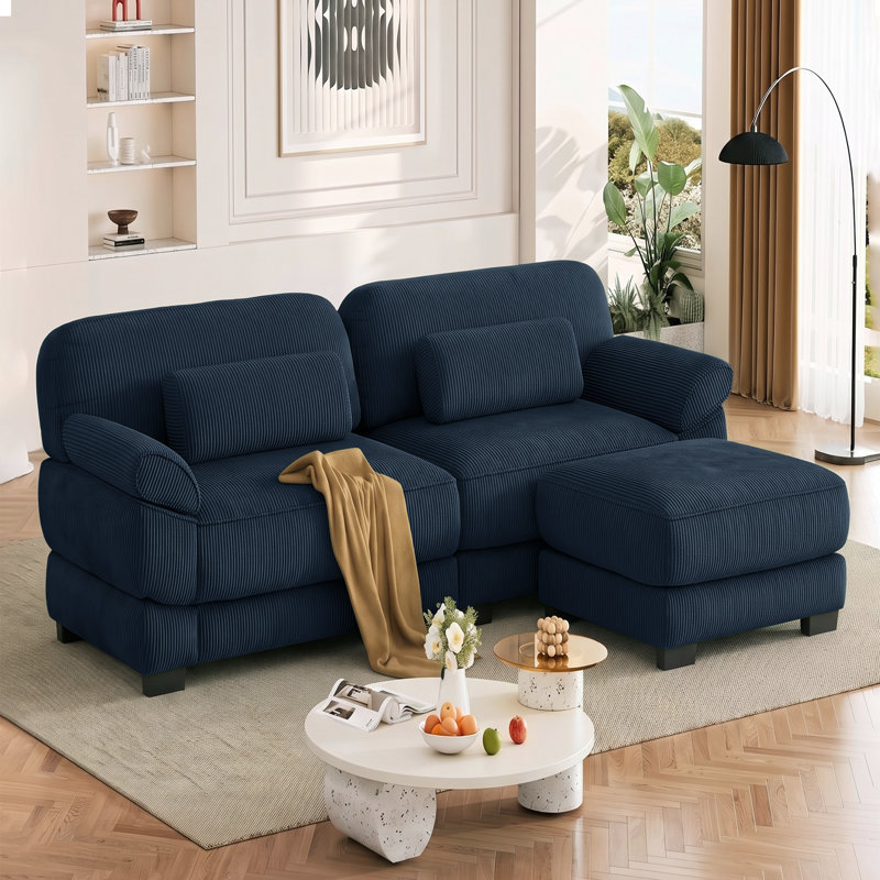 Canapé modulaire en velours côtelé avec repose-pieds Barrett, Bleu