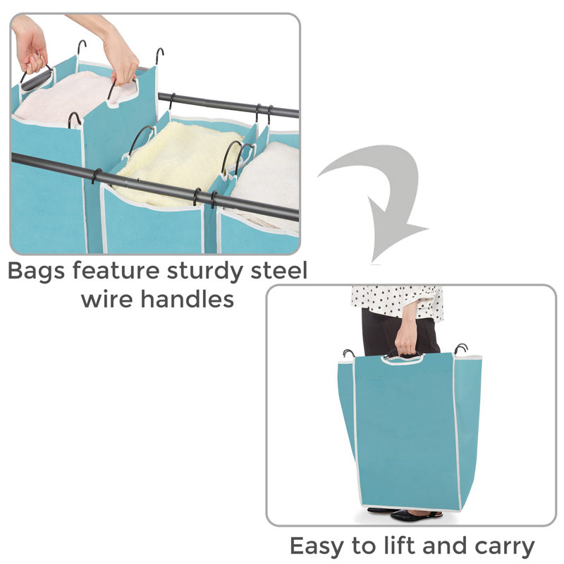 Blue Polyester Canvas Laundry Sorter with Metal Frame and Wheels