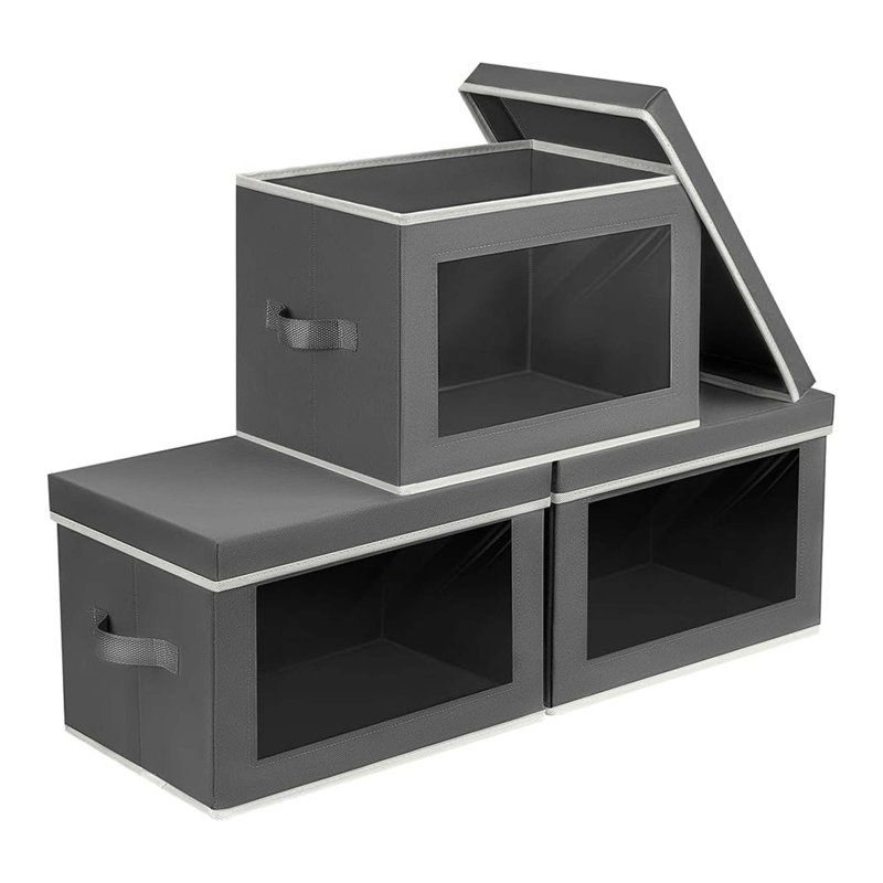 Fabric Storage Bins With Lids – Collapsible Closet Organizer Boxes With Window, 3 Pack, Grey, For Clothes, Towels, And Books