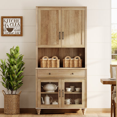 Corretta Buffet Cabinet With Bar Hutch, Kitchen Sideboard Cabinet With Glass Doors And Ample Storage Cabinet, Farmhouse 5 Tier Bookshelf With Wood Door, Sideboard Credenza For Dining Room, Oak, 34''