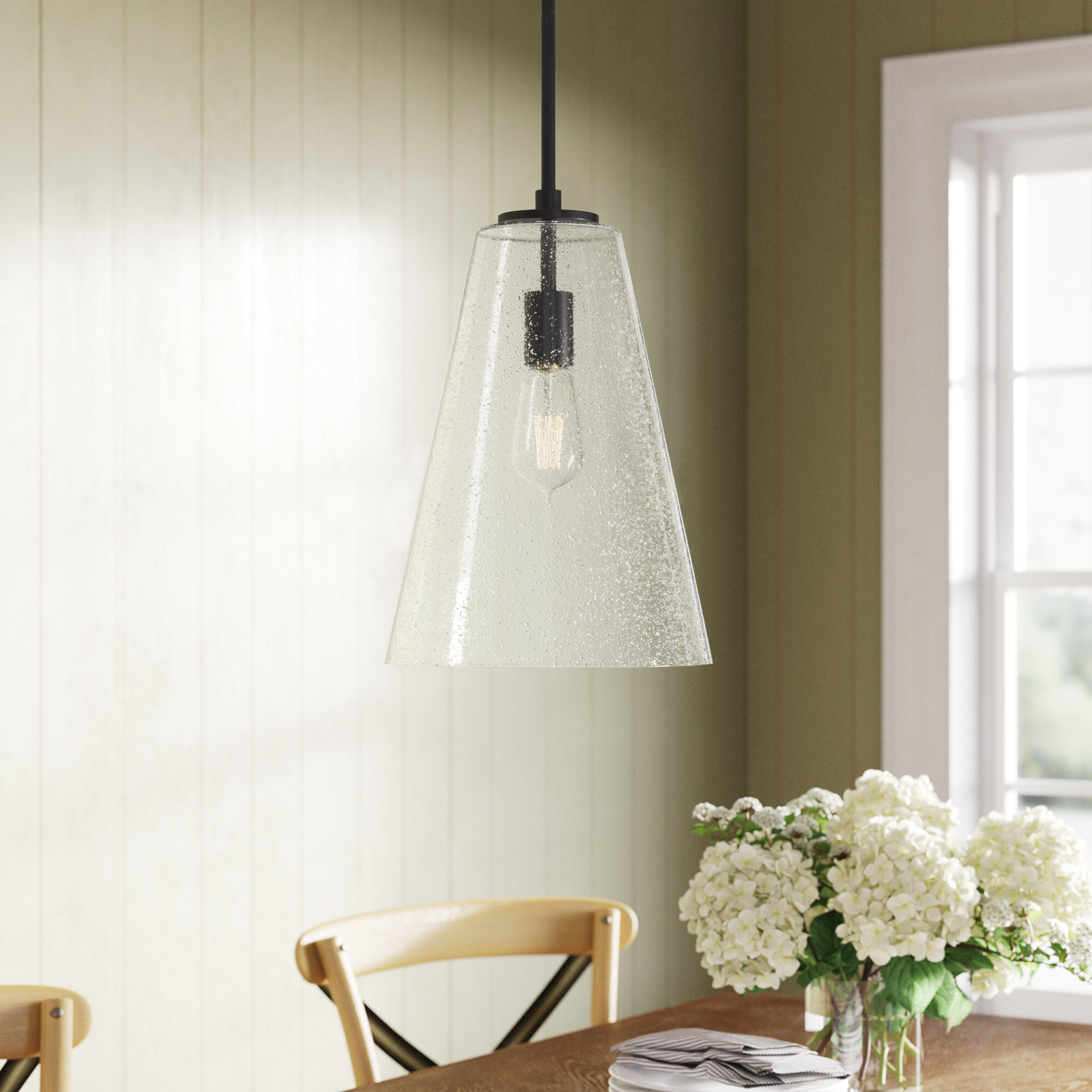 Evanne Single Light Glass Dimmable Pendant, Satin Black