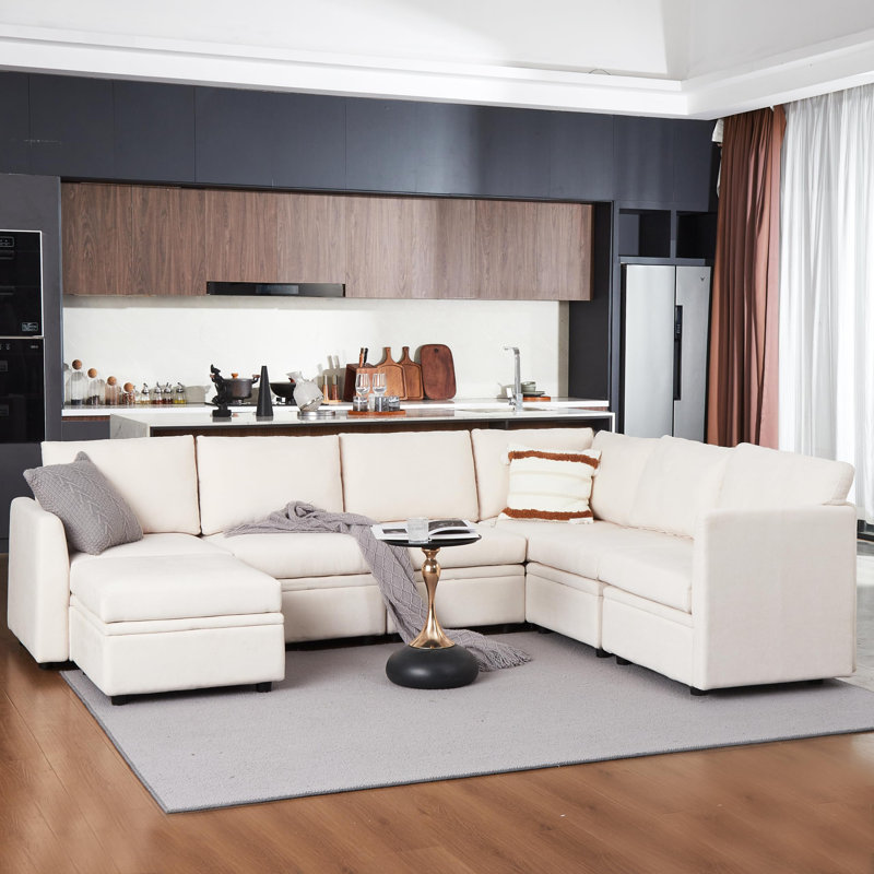 Canapé modulaire rembourré 137,4 po avec sièges de rangement, canapé modulaire en U Chenille