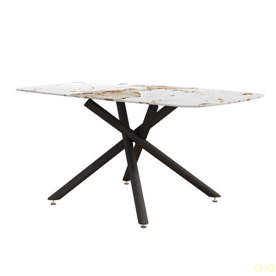 63"X35.4" Luxurious Marble-Patterned Tempered Glass Dining Table Single Fork Metal Table Legs Tempered Glass Table Top Metal Leg Make It Adaptable To Various Styles