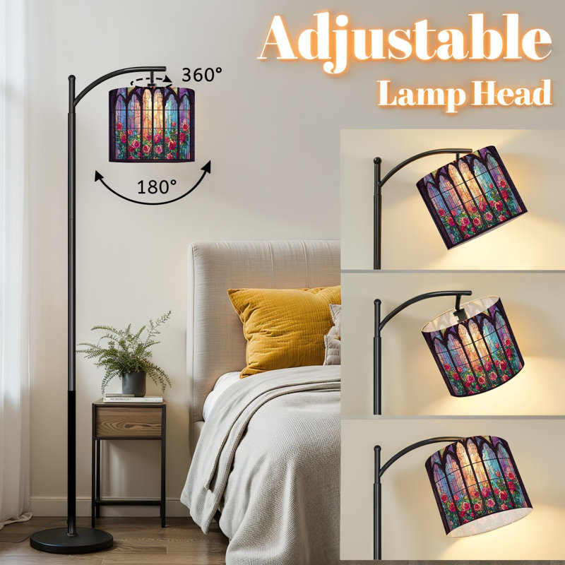 Arc Floor Lamp with Adjustable Lampshade Window Pink Roses Vibrant Standing Lamp 3 Color Temperatures Dimmable Tall Pole Lamp with Foot Switch for Bedroom