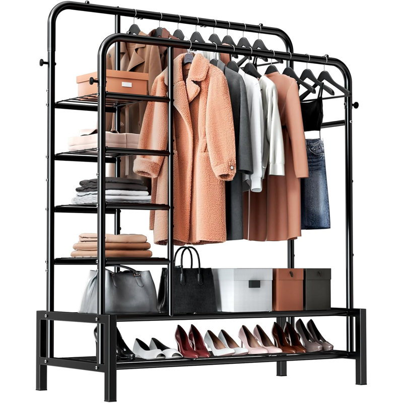 Portant pour vêtements, portemanteaux double avec 2 tablettes inférieures et 4 tablettes latérales