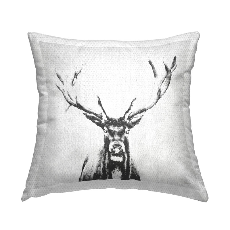 Stag Sketch in Grey Outdoor Printed Pillow by Katrina Craven