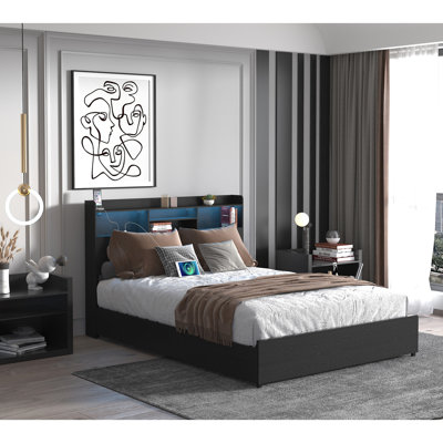 Queen Bed Frame, 4 Drawers, Storage Shelf, Led, Charging Port, No Noise Size Frame With Headboard, And Silent Metal For Peaceful Sleep - Black