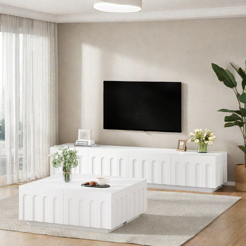 Ensemble de 2 meuble télé élégant et table basse avec un design arqué et des tiroirs, Blanc