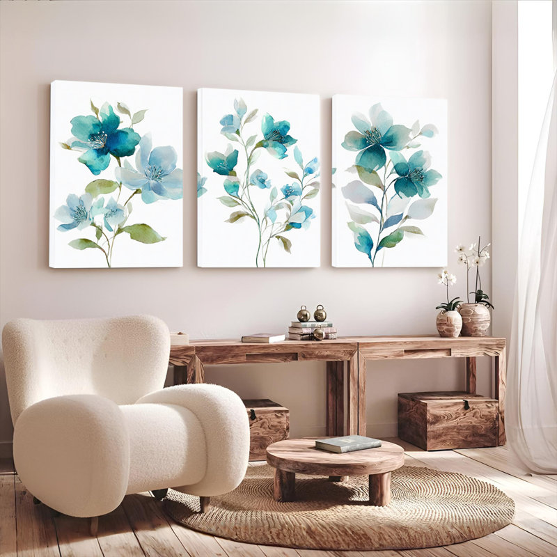 Ensemble de 3 reproductions d'art sur toile tendue à l'aquarelle bleue, H 30 po x l 60 po