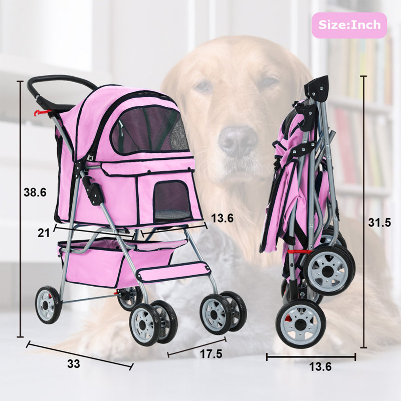 Pink 4-Wheel Pet Stroller with Mesh Windows