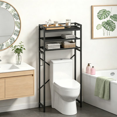 Rangement au-dessus de la toilette, tablette de rangement de salle de bain à 3 niveaux avec porte-papier hygiénique, tablettes autoportantes au-dessus de la toilette pour la salle de bain, salle de lavage, noir
