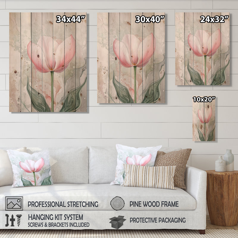 Éternelle fleur de tulipe - reproduction de bois rose traditionnelle sur bois de pin naturel, H 32 po x l 24 po x P 0,78 po