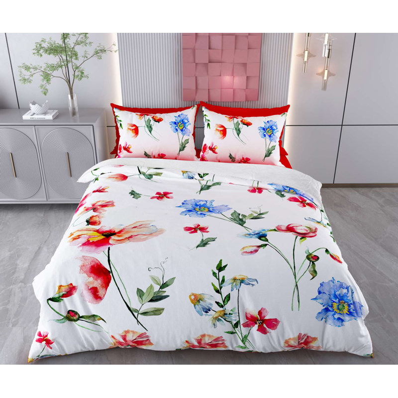 Ensemble de housse de couette, Housse de couette pour lit simple + 1 taie d'oreil, Blanc / rouge / vert / bleu floral