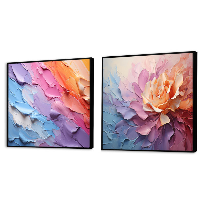 Rainbow Hue Harmony - ensemble de 2 collages abstraits carrés, Cadre flottant noir, H 30 po x l 61 po