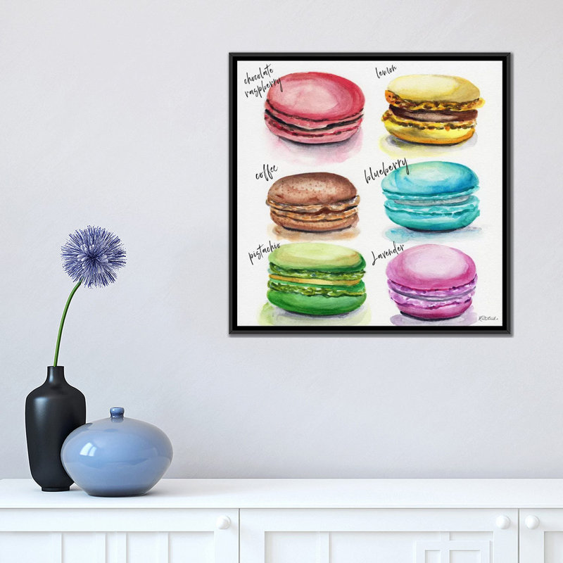 « six macaron parfums » par jennifer redstreake, impression sur toile tendue, H 26 po x l 26 po x P 1,5 po, Pas de tapis