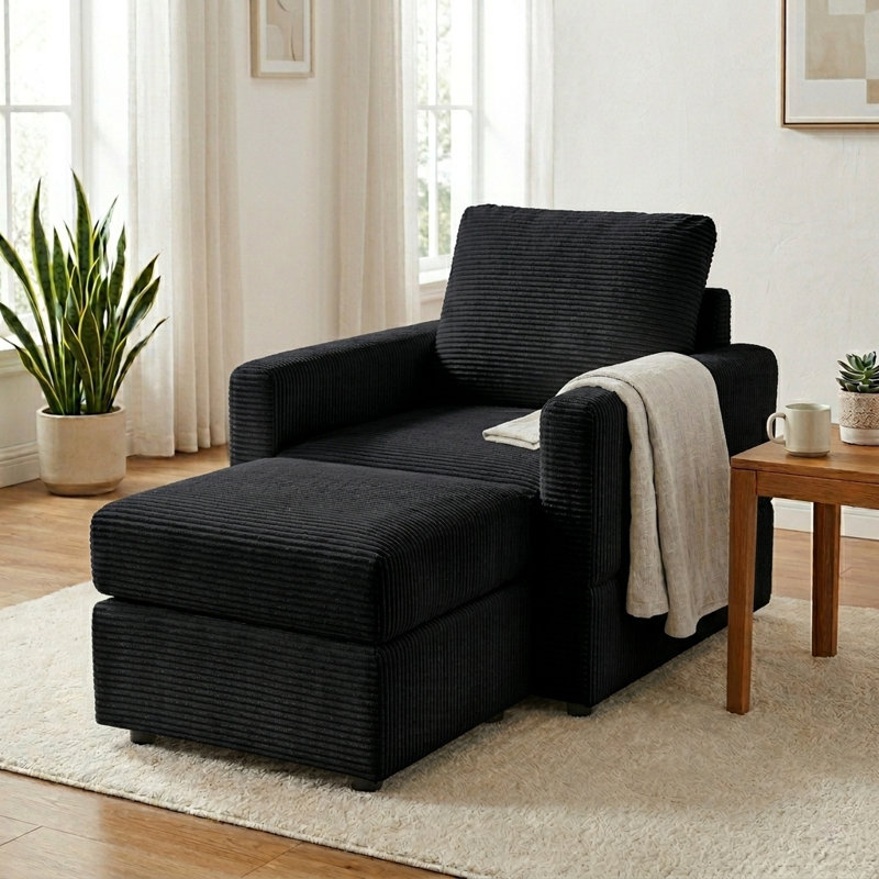 Ensemble de chaise longue, fauteuil modulaire et repose-pieds rembourrés en velours côtelé l 55 po, Noir