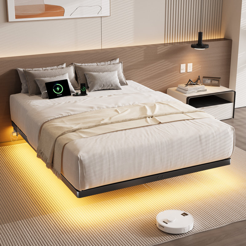 Floating Bed Frame with LED Lights Metal Slats Underbed Storage Space No Box Spring, Queen