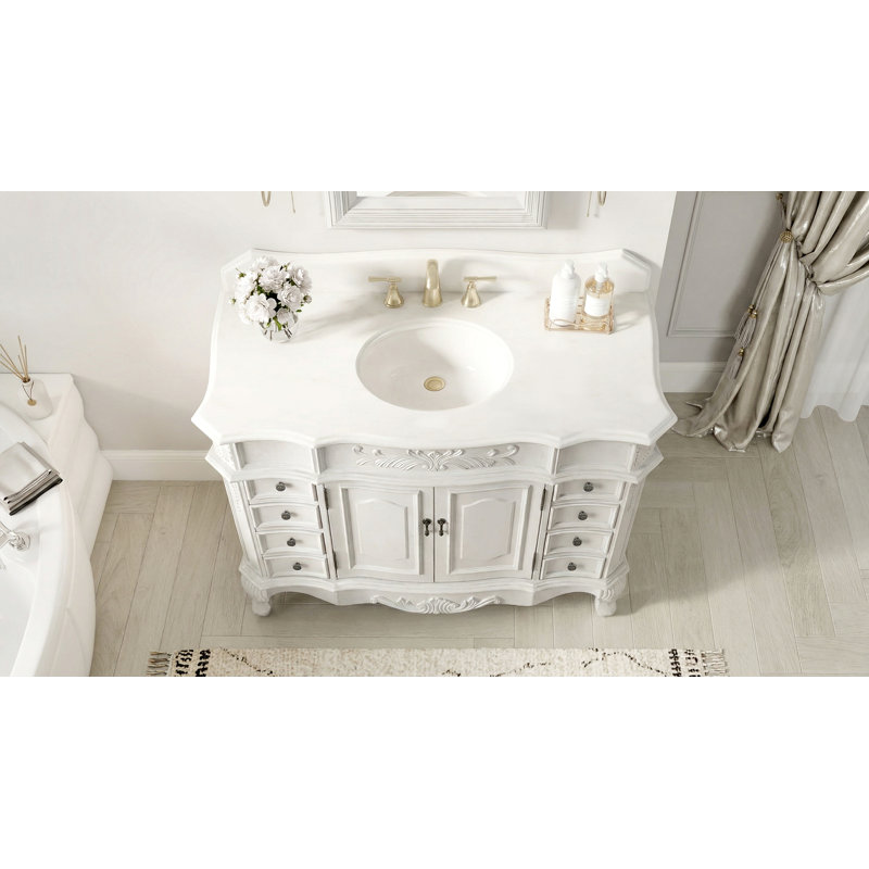 Benton Collection 48 Inch Traditional Freestanding Antique White Morton Bathroom Vanity, Single Sink, White Quartz Top, Fully Assembled