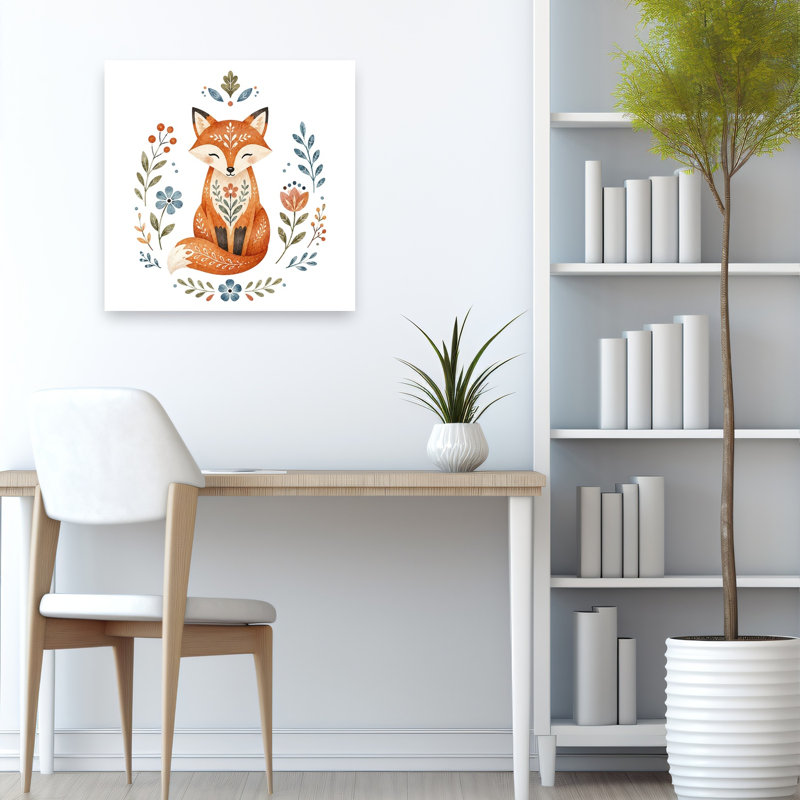 Sweet Folk Fox Peaceful Serene Abstract Fox Autumn Flower Wall Art Print 1 Piece Wrapped Canvas Wall Art