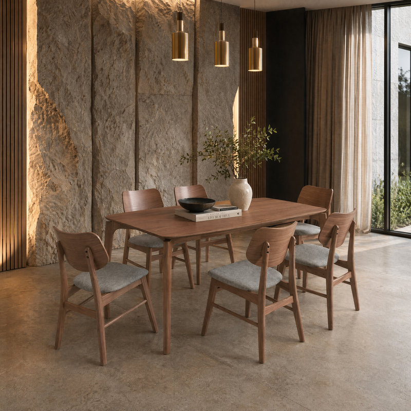 Ensemble de table de salle à manger 7 pièces Dunleavy, Walnut, 7 Pieces: Table, 6 Chairs, Grey/Walnut