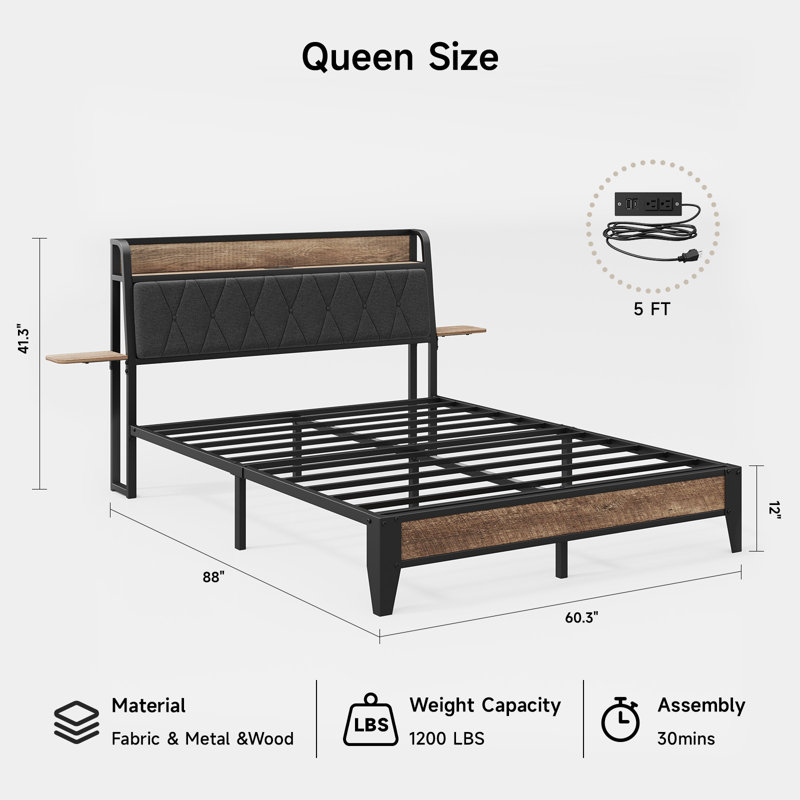 Black Queen Upholstered Platform Bed with Charging Station and Storage Shelf