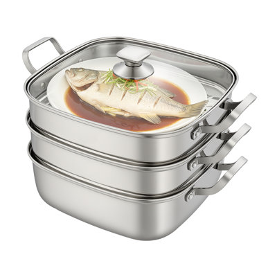 Cuit-vapeur carré à 3 étages avec couvercle, en acier inoxydable, multicouches, compatible avec les plaques de cuisson à gaz, à induction et vitrocéramiques.