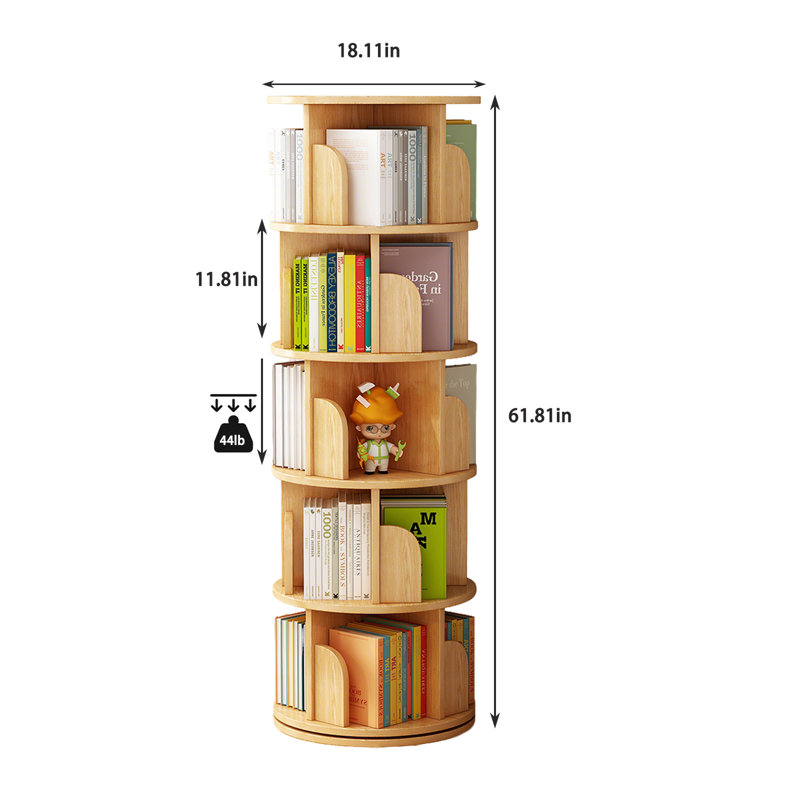 Bibliothèque 61 "H 61,81" x l 18,11 "rotative à 5 niveaux, rotation à 360 ° avec roues et tiroir, Sans roues, Chêne