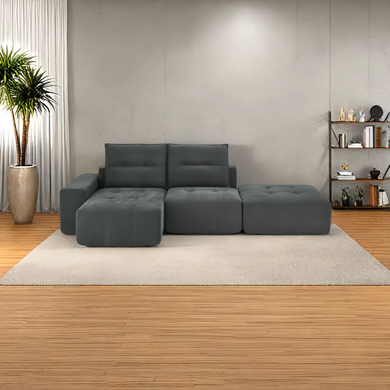 L-shaped Sofa, No Assembly Required, Wide Deep Seat, Convertible Linen Floor Sofa Set For Living Room, Grey