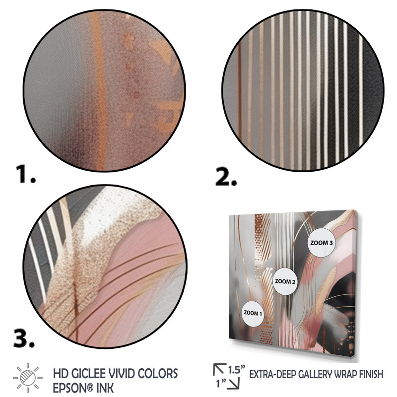 «Pink Rosegold Circle Complexity I - Abstract Modern Shapes», art mural transitionnel, Encadrement doré, L 24 po x H 24 po