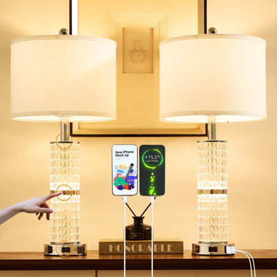 Lampes de table modernes en cristal avec commande tactile à intensité variable à 3 voies, deux ports USB et prise de courant CA pour la table de chevet ou le salon