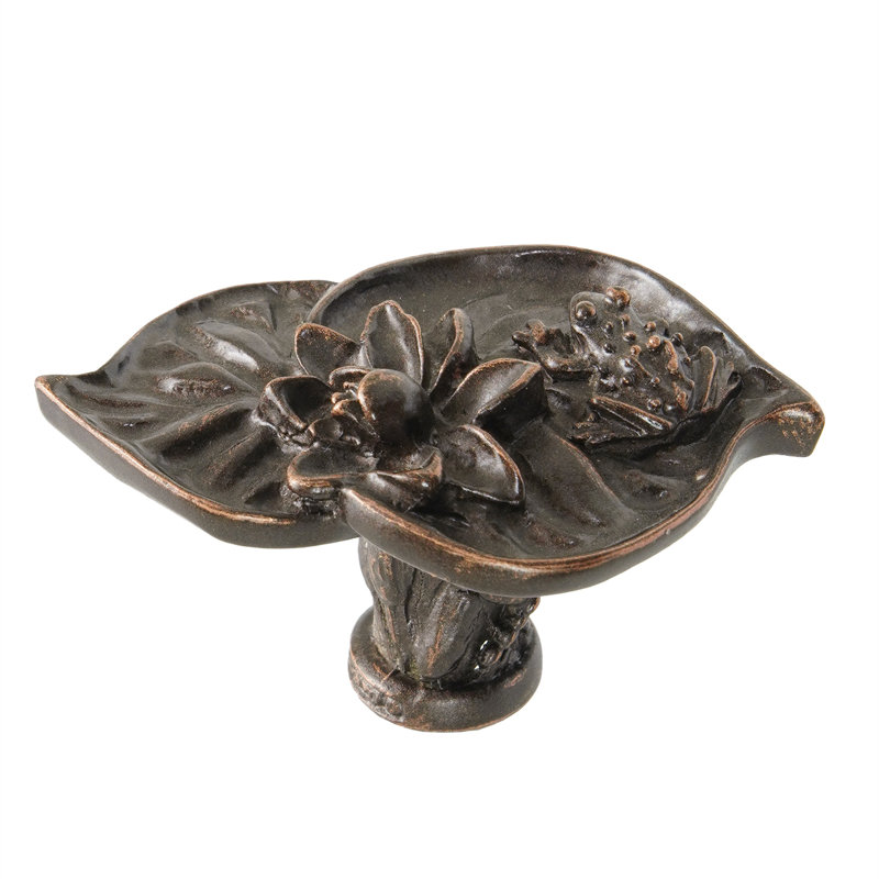 Nénuphars; Double nénuphar et grande poignée grenouille au fini bronze huilé, Bronze huilé