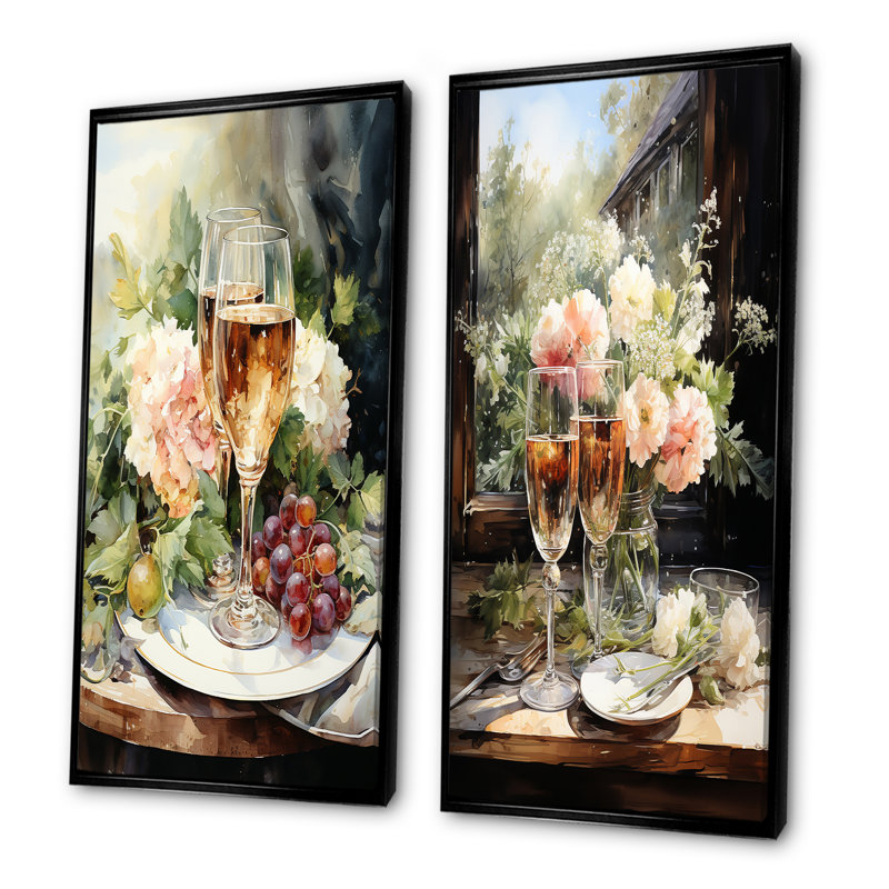 Bubbles Harmony - vin et champagne, ensemble de 2 reproductions d'art sur toile, Cadre noir, H 28 po x l 25 po