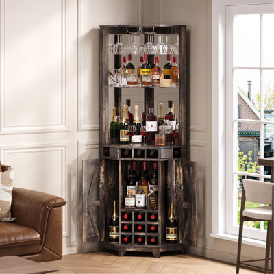 72" Farmhouse Corner Wine Cabinet, Tall Bar Storage Cabinet with Barn Door, Acrylic Mirror & Glass Rack for Home Kitchen Living Room