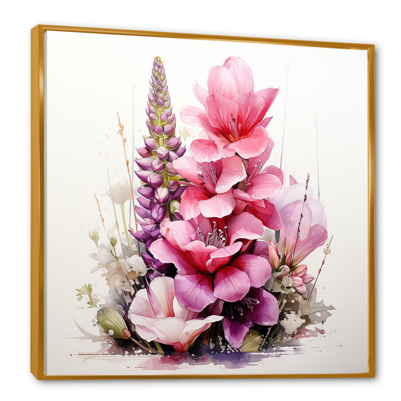 «Rose Serene Foxglove Arrangement» - art mural Foxglove, Cadre flottant doré, H 16 po x l 16 po
