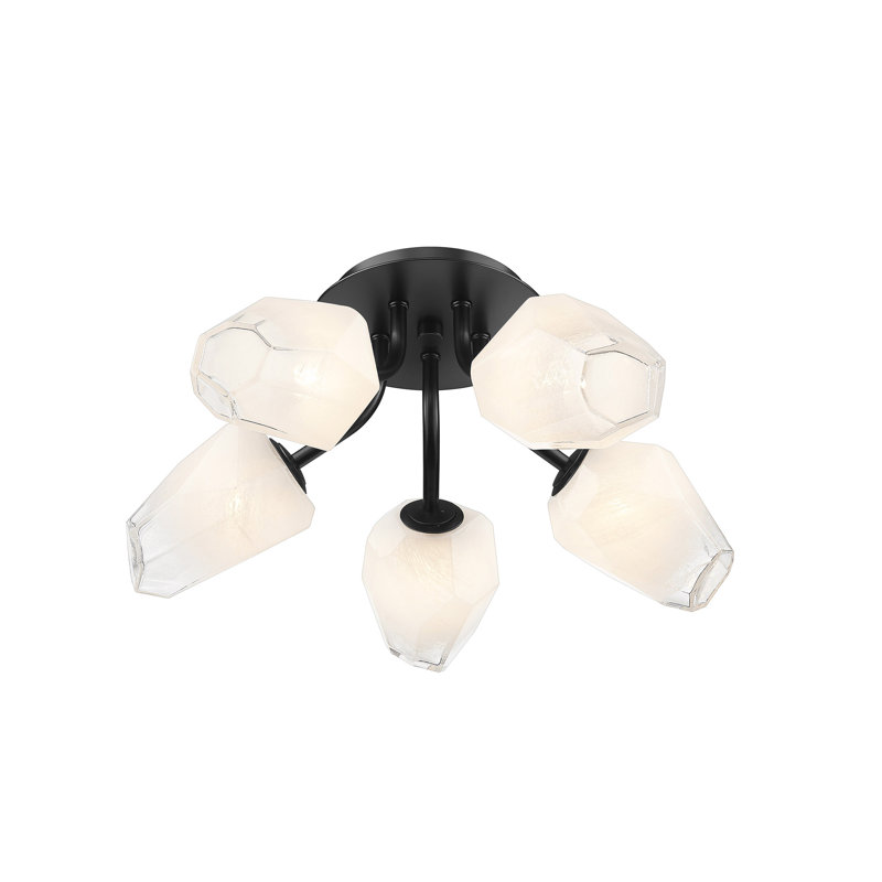 Plafonnier encastré noir 5 lumières avec abat-jour en verre blanc, Matte Black