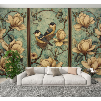 Peel and Stick Wallpaper Aged Parchment Teal Chinoiserie Botanical Bird Screen Art Wall Murals 100"H x 144"W Removable PVC Wall Paper Self-Adhesive Wall Decor for Bedroom Living Room Home Office
