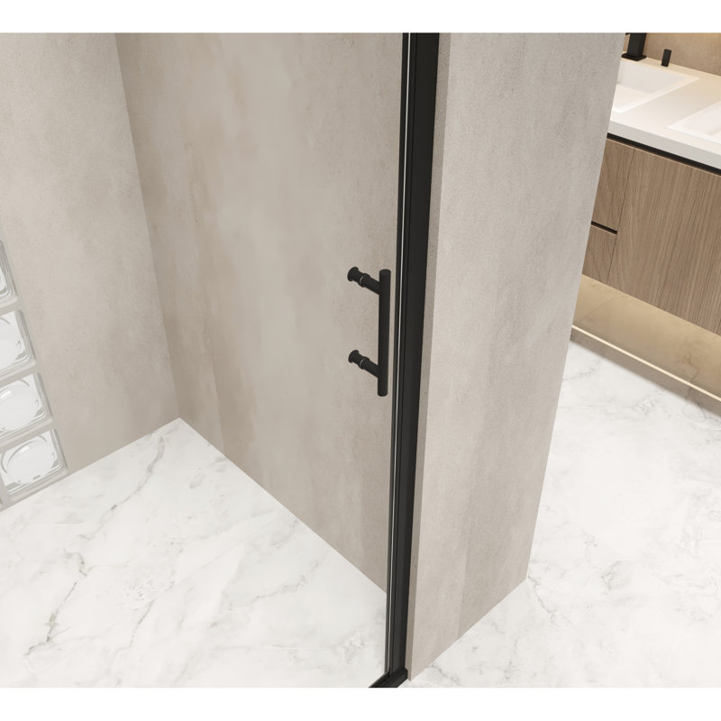 28X72 Inch Shower Door With Pivot Mechanism, Black Aluminum Frame, 1/4" Tempered Glass, Film, Water - Blocking Strip, Smooth Swing For Bathroom Improvement Featuring Half 6Mm Transparent Raised Shock