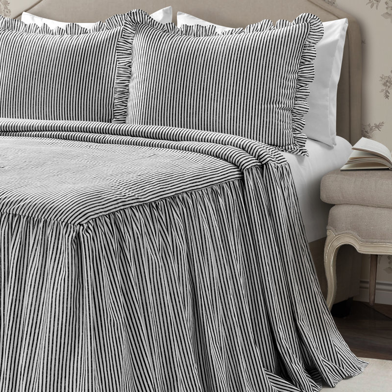 Black Twin Polyester Ticking Stripe Bedspread with Ruffled Edges