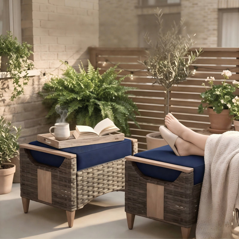 Melvarn Outdoor Patio Wicker Ottoman Set Of 2 With Cushion And Wood-look Finish, Blue
