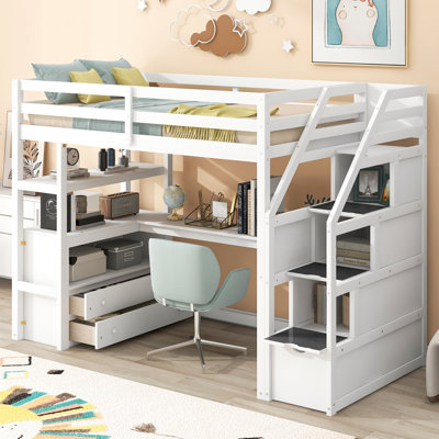 Lit mezzanine gris avec bureau, tablettes et rangement pleine grandeur et tiroirs - Économiseur d'espace