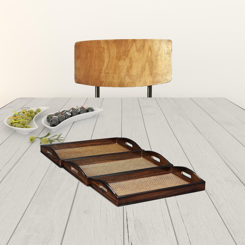 Brown Rectangular Wood Handmade Tray With Handles, 13.5" H x 2" W x 19.75" D