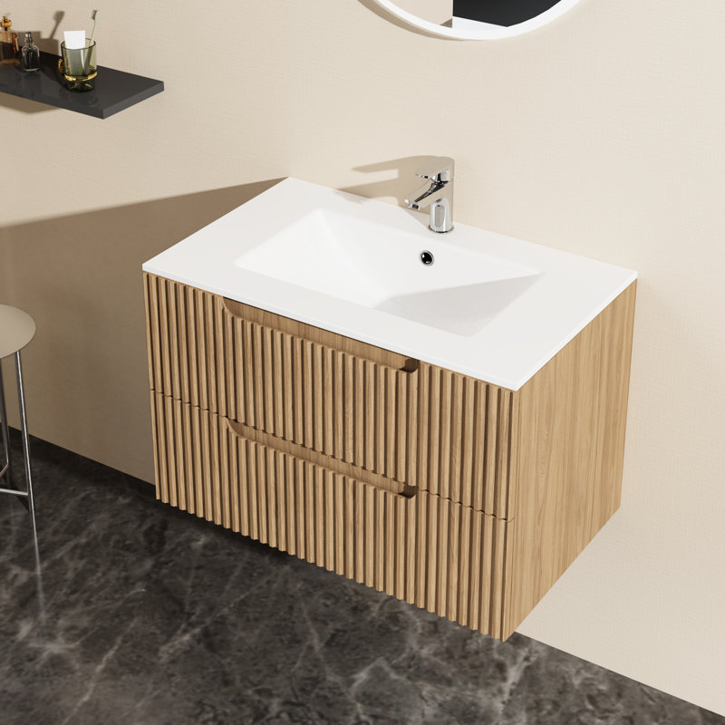 Meuble-lavabo mural flottant 30 po, noyer, système de fermeture en douceur, grands tiroirs pour les nécessités, évier contemporain de style Mid-Century avec armoire, tiroir, deux tiroirs de rangement, style moderne