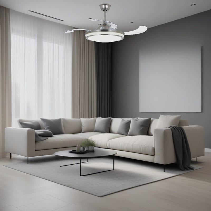 42 Inch - Silver Minimalist Fan Chandelier - Remote Control / Dimmable / Variable Speed - Suitable For Living Room And Any Room