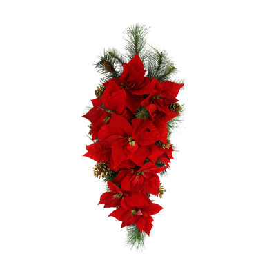 Holiday Swag With Poinsettias, Ornaments And Pinecones