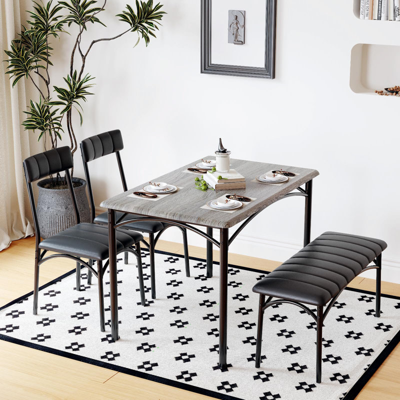 Ensemble de table de salle à manger 4 pièces avec banc rembourré et 2 chaises, table de cuisine rectangulaire moderne avec structure en métal robuste, mobilier compact pour petits appartements