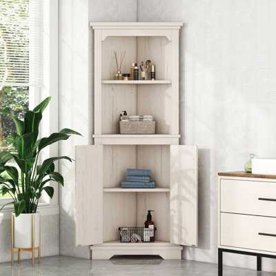 Tall Corner Cabinet With Doors For Living Room, Bathroom,Dining Room Or Kitchen,Beige